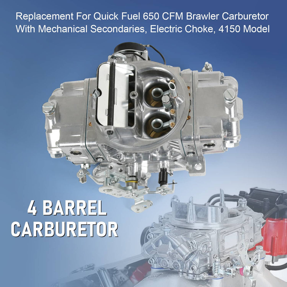 4-barrel carburetor assembly with inlet horn and visible linkages