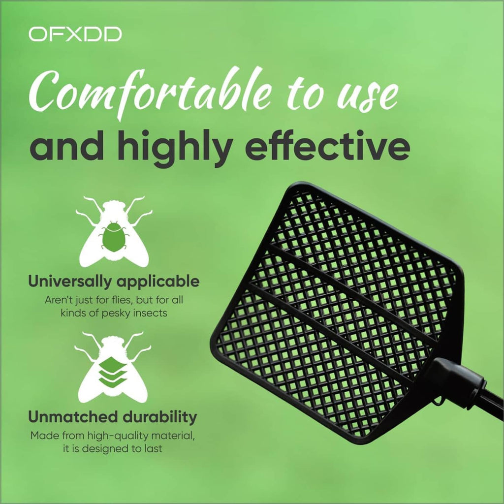 Black rubber fly swatter with perforated grid paddle head and long handle