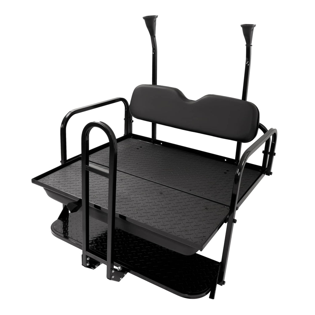 Black rear flip seat with padded seat cushion and textured metal foot platforms