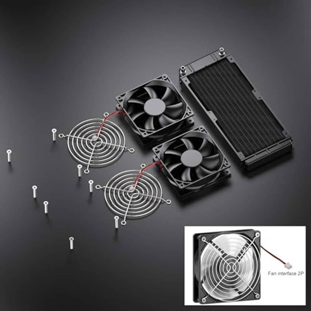 240mm water cooling radiator in exploded view with two fans and black fin core