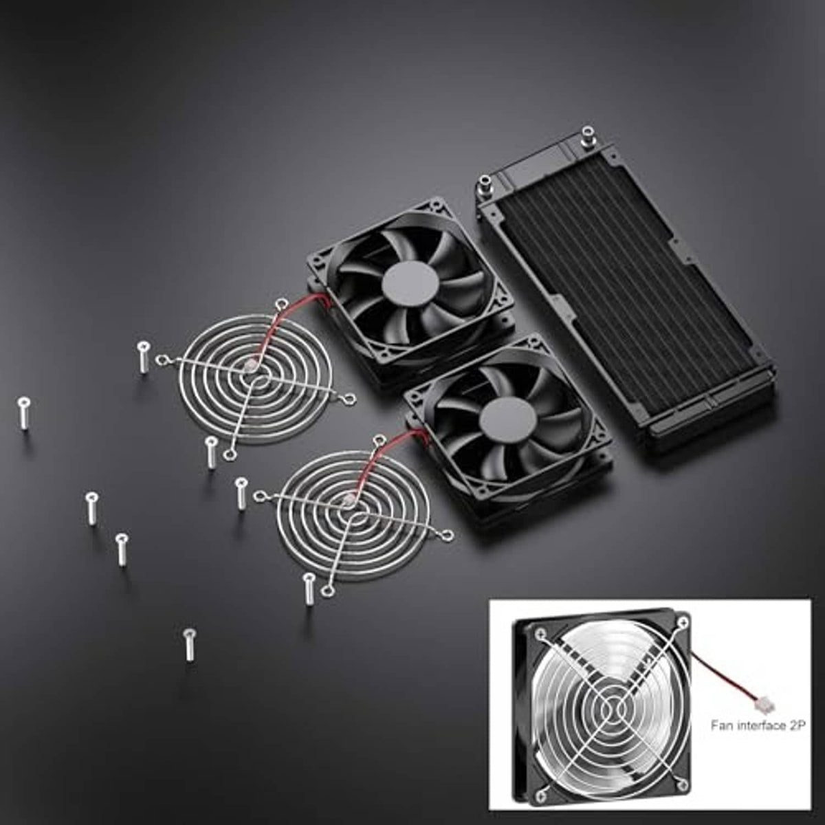 240mm water cooling radiator in exploded view with two fans and black fin core