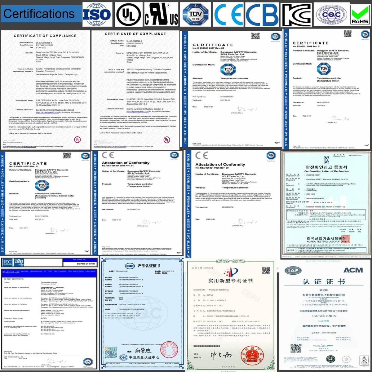 Thermal switch certification documents collage with multiple compliance certificates