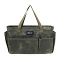 Large army green tool storage tote with top handles and front organizer pockets
