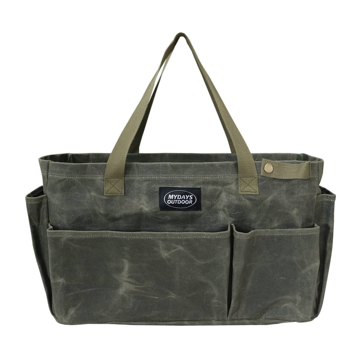 Large army green tool storage tote with top handles and front organizer pockets