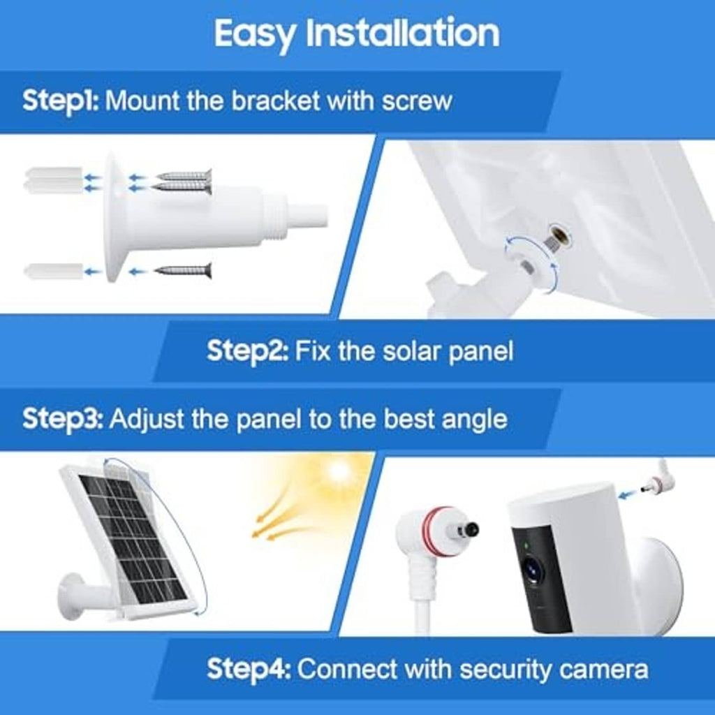 Installation steps graphic: mount bracket, attach solar panel, adjust angle, connect cable