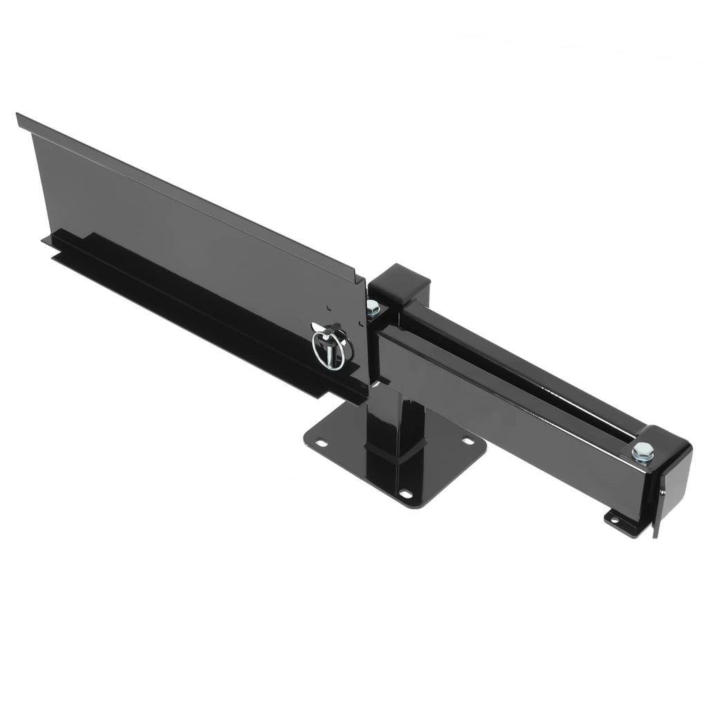 Black powder-coated swing arm assembly with base plate and hardware bolts