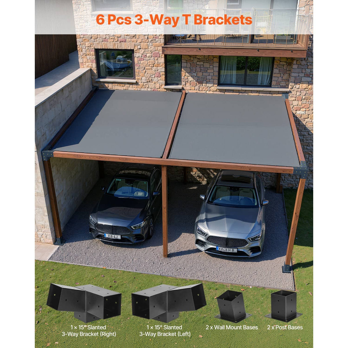 Six-piece 3-way T pergola bracket kit for outdoor posts with angled base plates