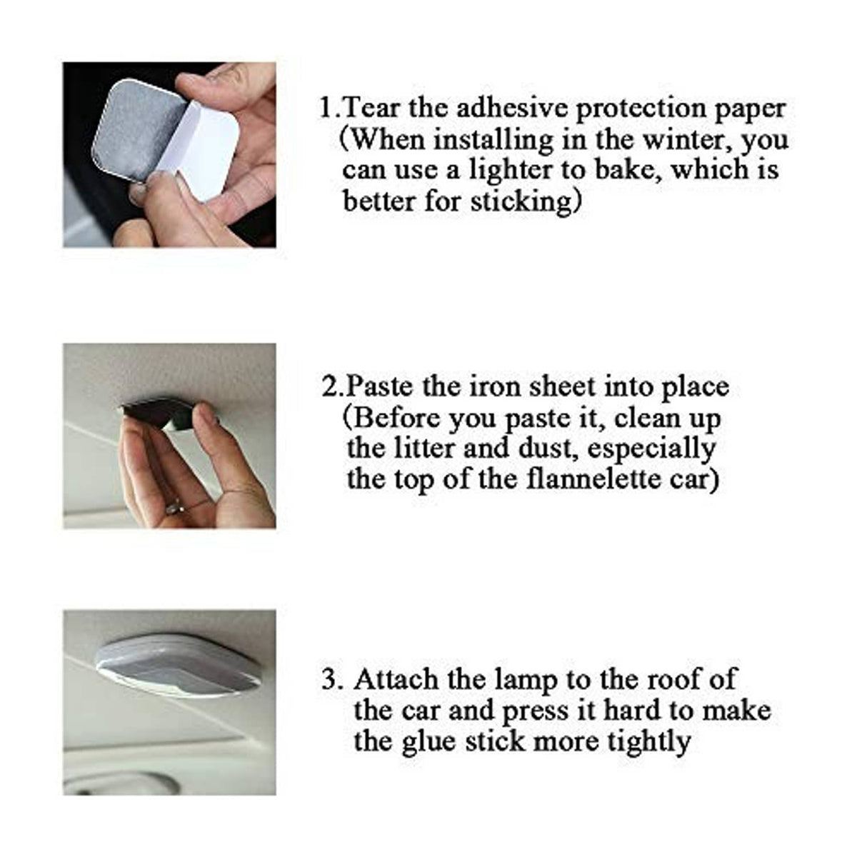 Gray dome LED light installation steps showing adhesive tape and mounting on roof