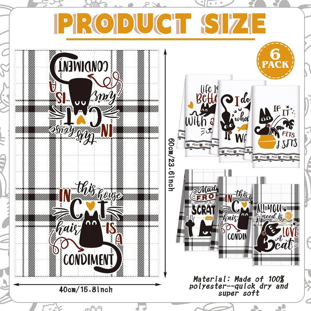 Set of 6 cat kitchen towels in black-and-white, plaid and illustrated cat graphics