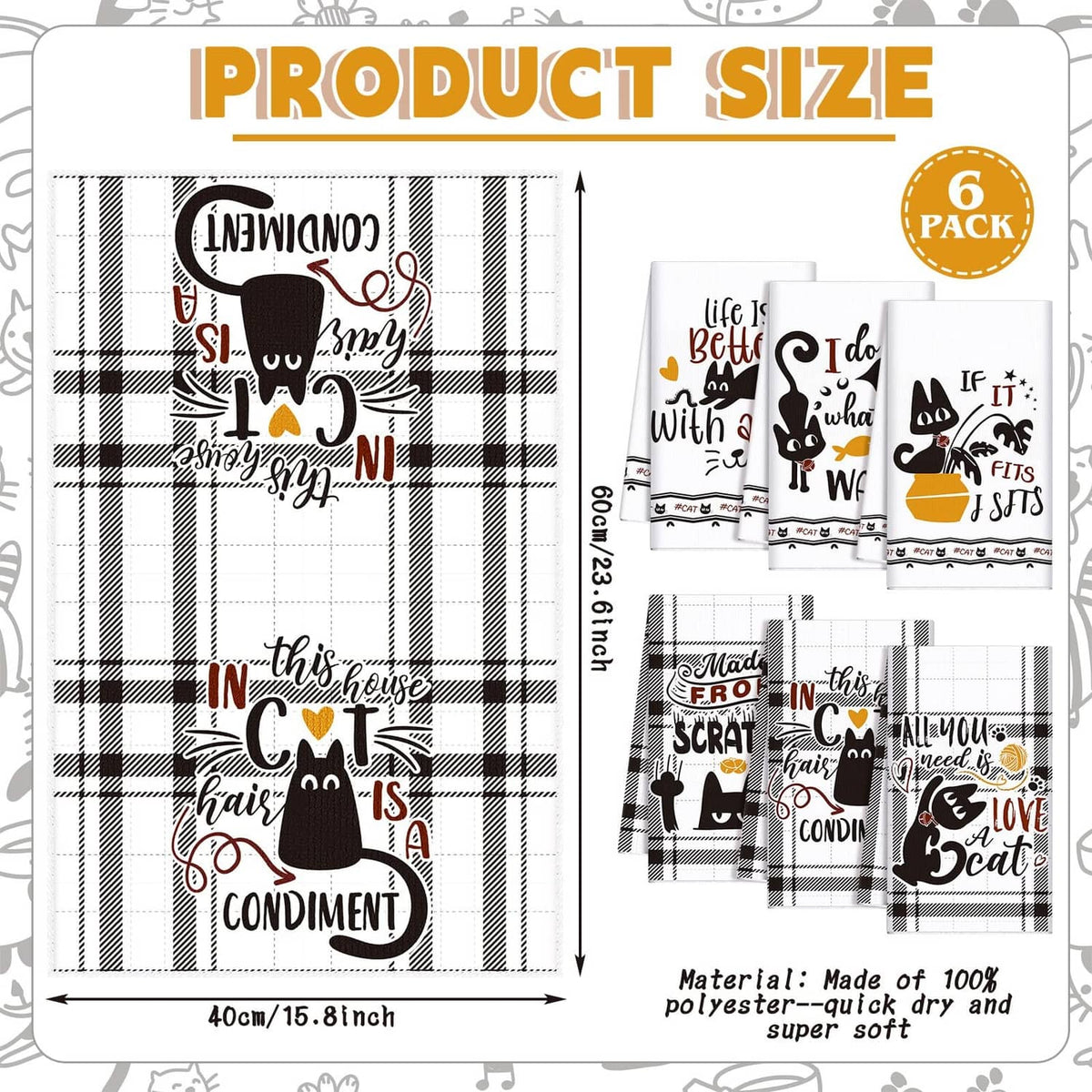 Set of 6 cat kitchen towels in black-and-white, plaid and illustrated cat graphics