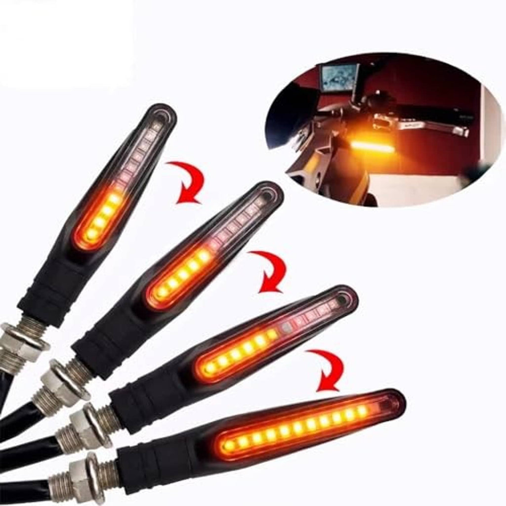 Set of black LED turn signals with glowing amber bars and red sequential arrows