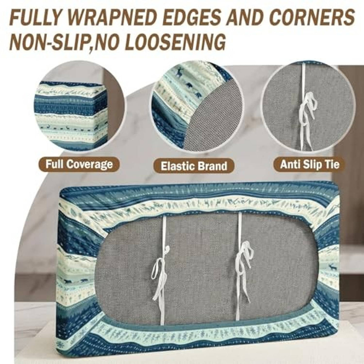 Blue striped RV cushion cover with elastic straps and anti-slip tie underside view