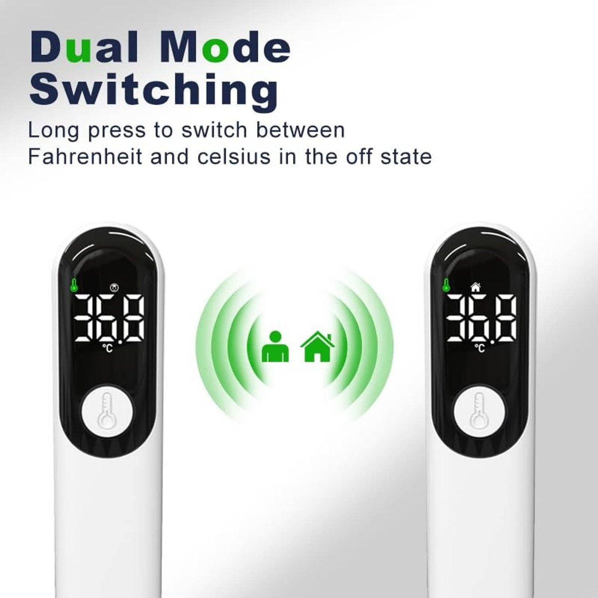 White non-contact forehead thermometer with LCD display and dual mode temperature reading icons
