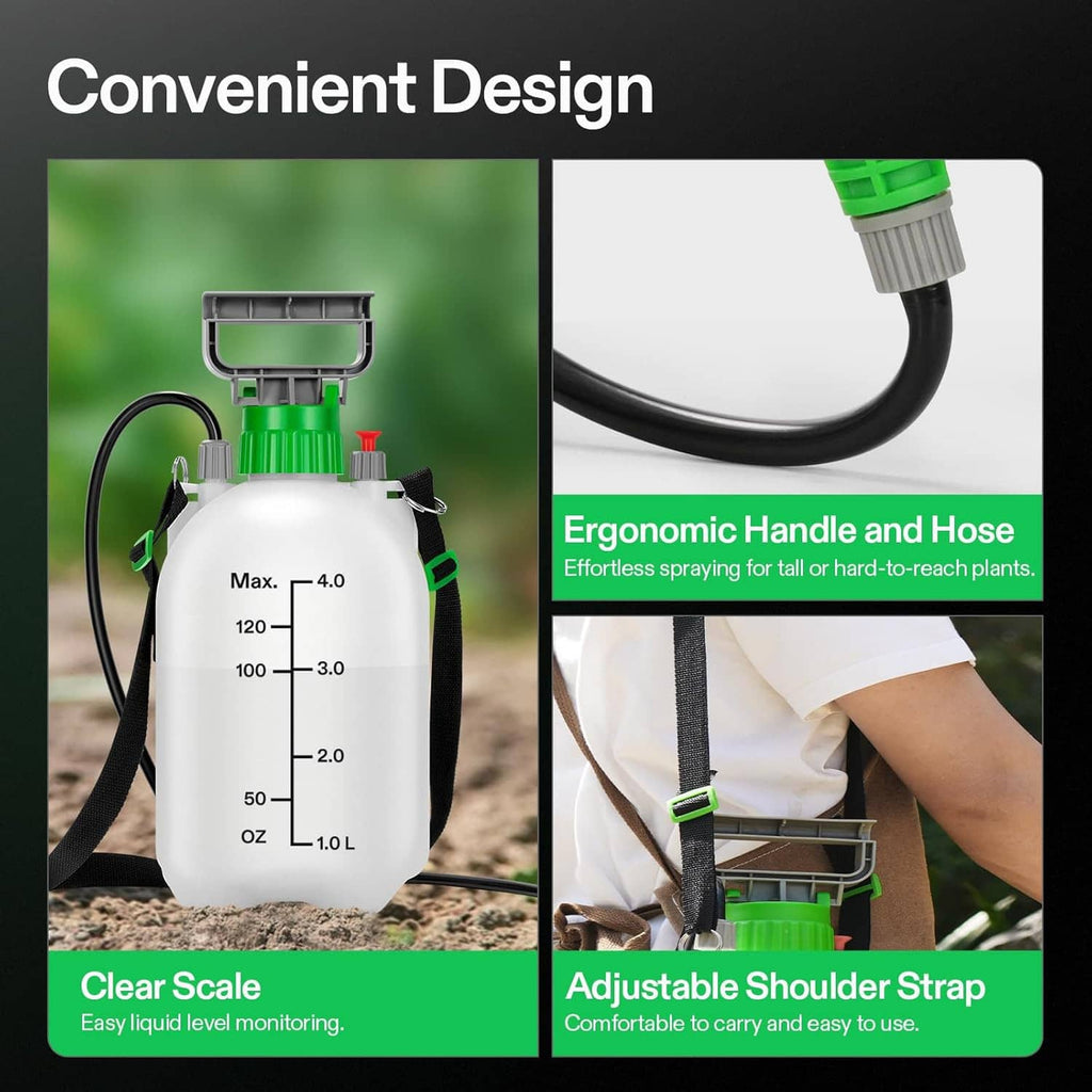 4L pump sprayer with clear liquid level scale and adjustable shoulder strap