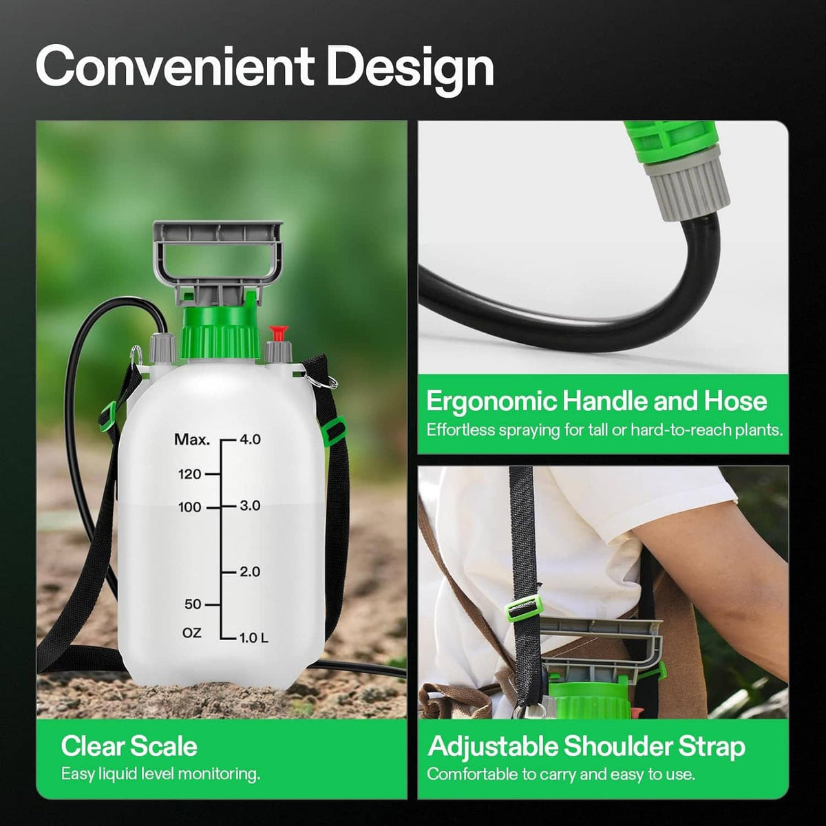 4L pump sprayer with clear liquid level scale and adjustable shoulder strap
