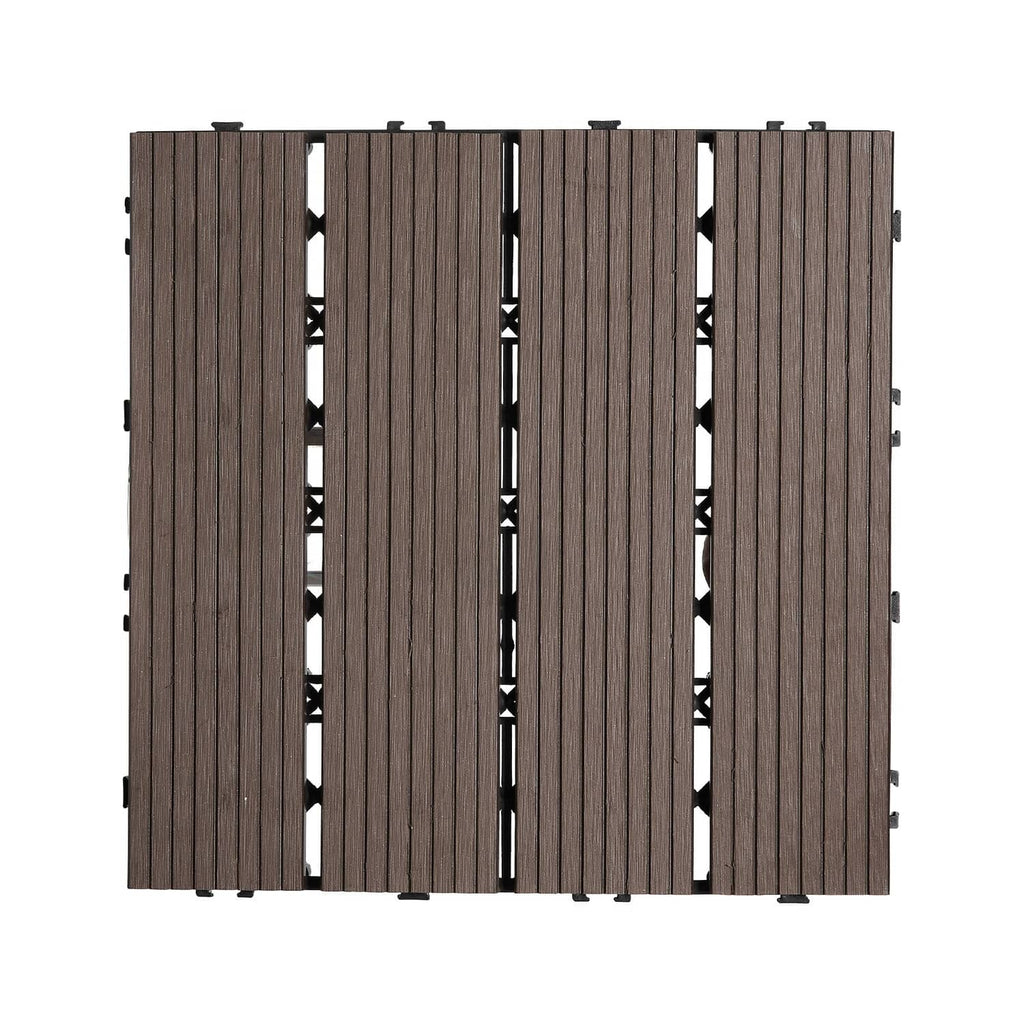 Front view of dark brown interlocking deck tiles with slat pattern and joining tabs