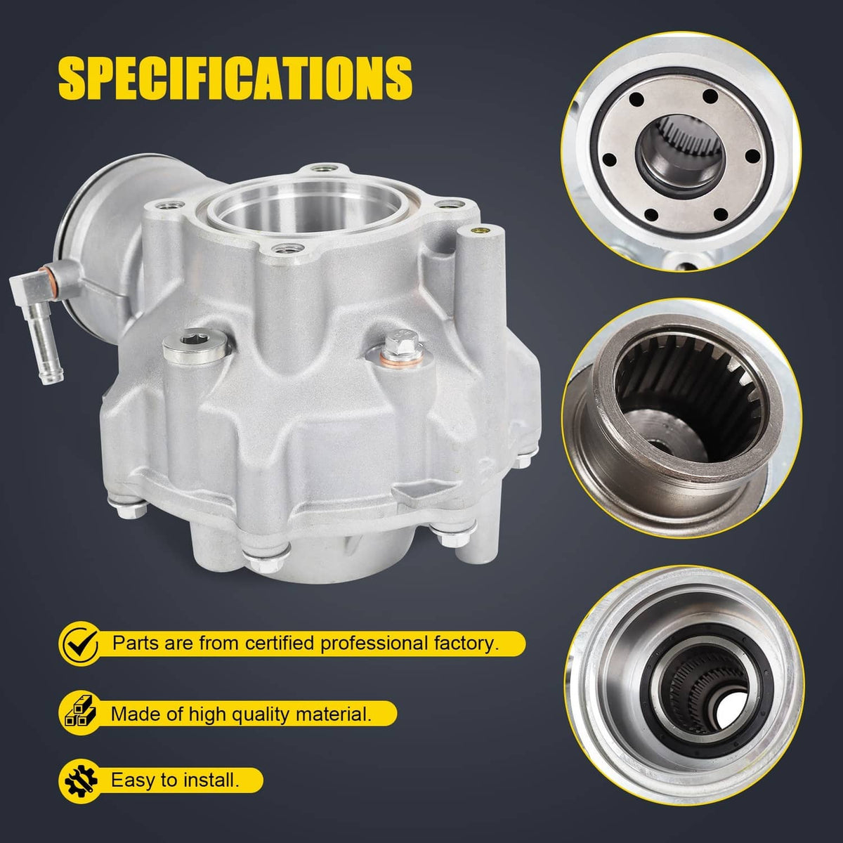 Silver rear differential housing with inset views of gears and bearing surfaces