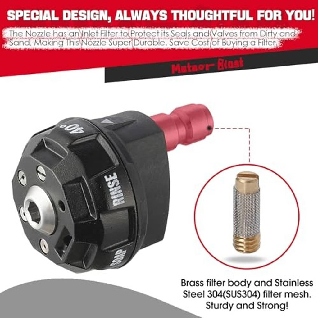 Rotary nozzle tip with inline brass filter mesh insert, black and red connector