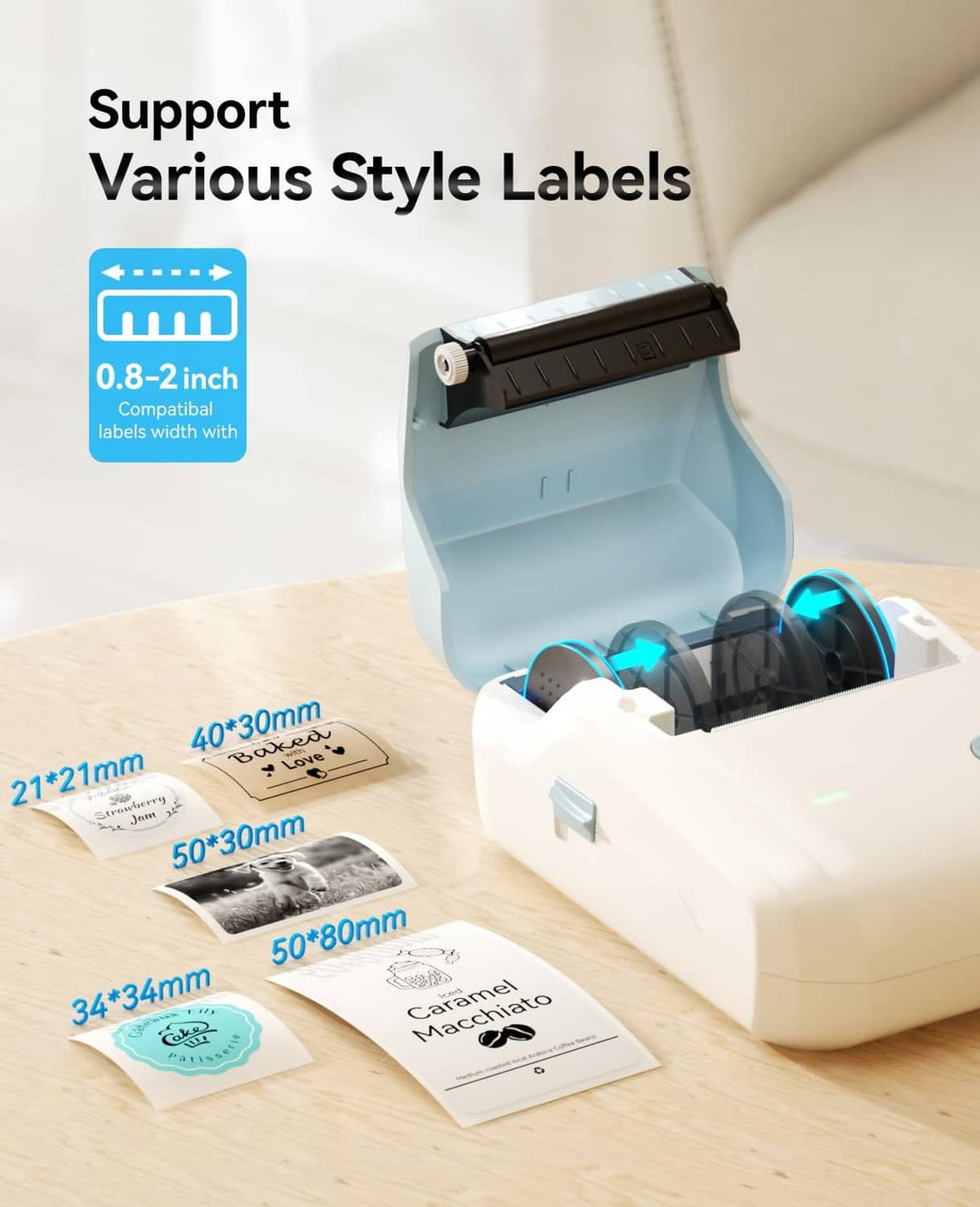 NIIMBOT label maker showing label tape sizes and roll labels on a work surface