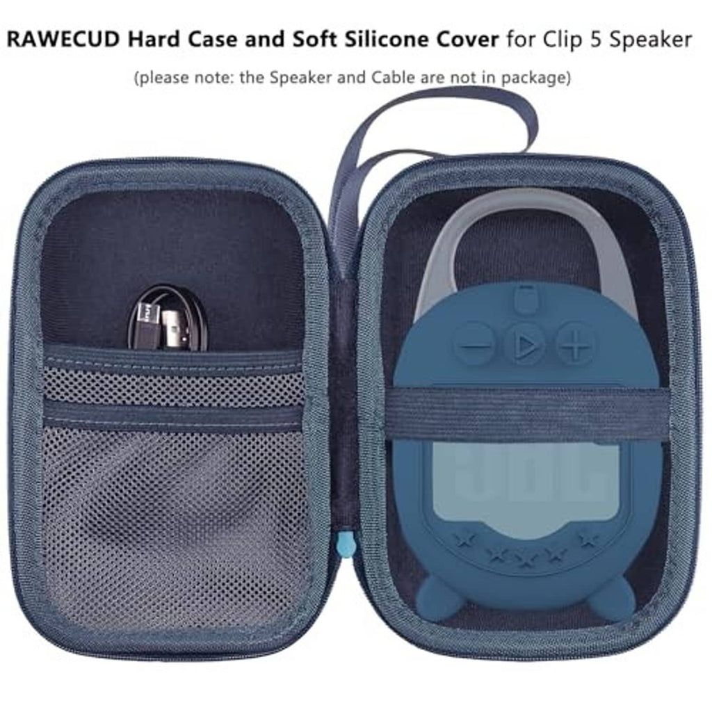 Navy-blue hard carrying case with zipper and mesh pocket lining, shown open