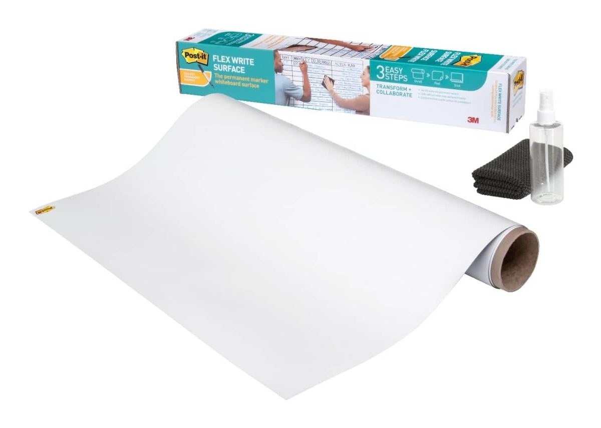 White Post-it Flex write surface sheet, rolled edge with marker and bottle