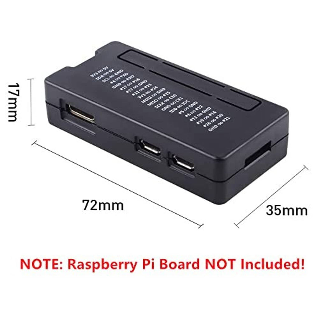 Black Raspberry Pi Zero 2 W case with front ports and size markings