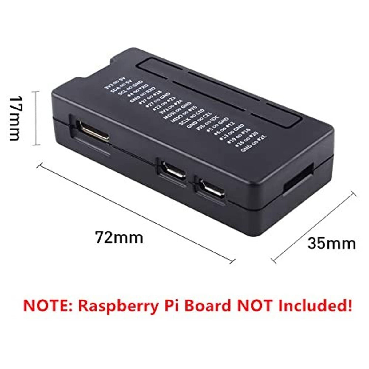 Black Raspberry Pi Zero 2 W case with front ports and size markings