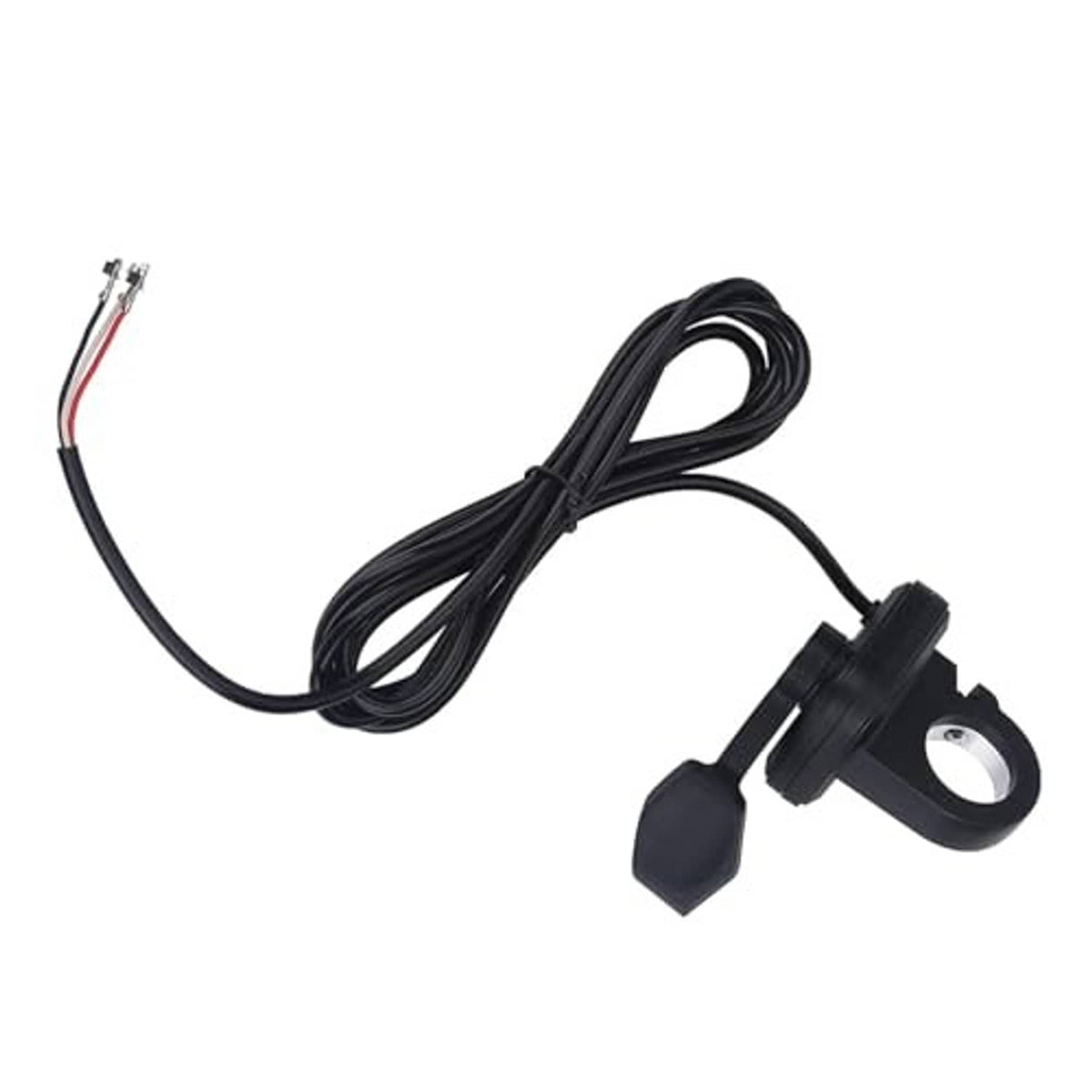 Left thumb throttle assembly with black wiring bundle and handlebar clamp