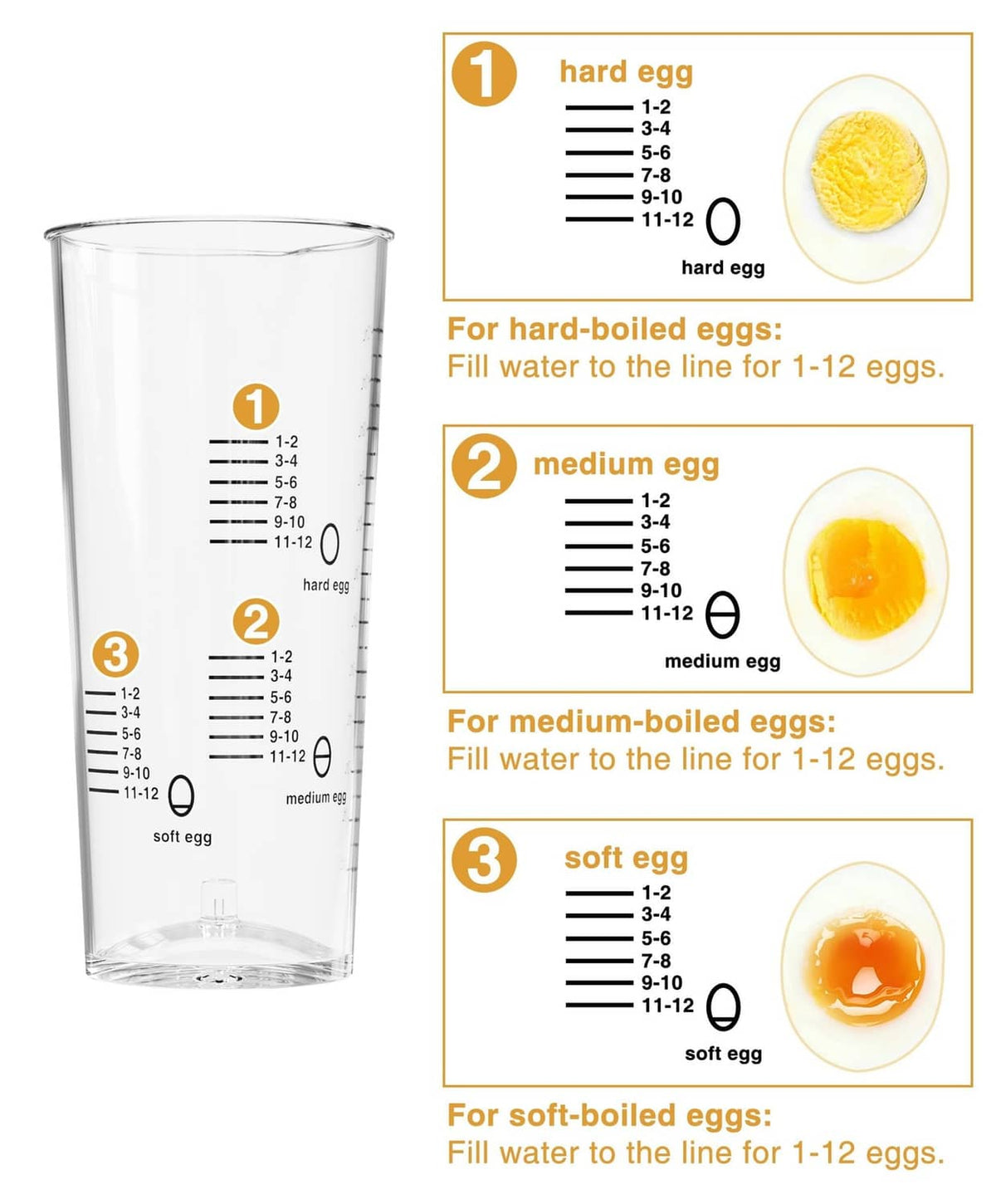 Egg boiling chart showing water fill lines for hard, medium, and soft eggs