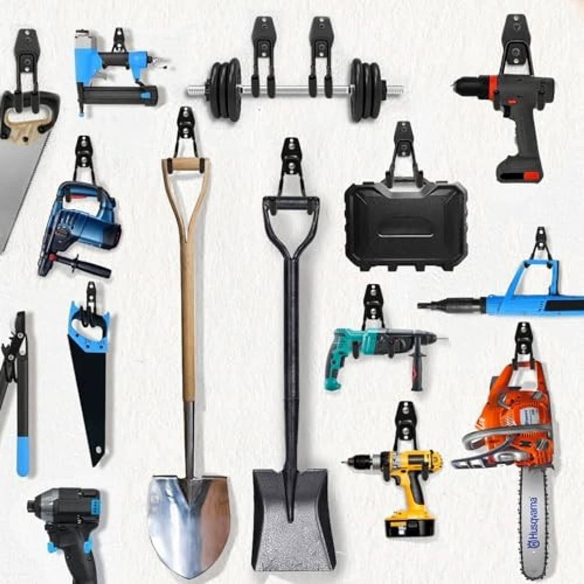 Garage wall storage hooks kit with black J-hooks and included mounting hardware