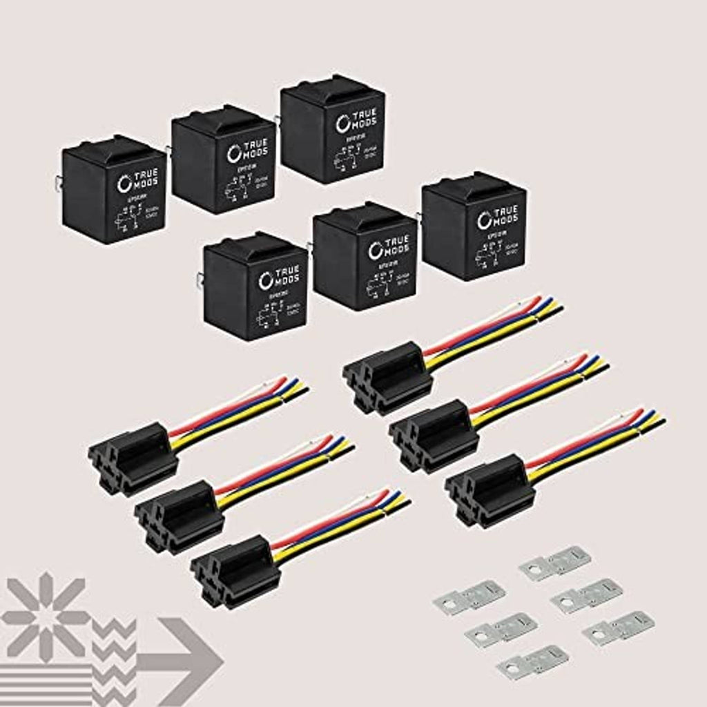 True MODS black 12V relay kit with six relays, wiring sockets, and connector terminals