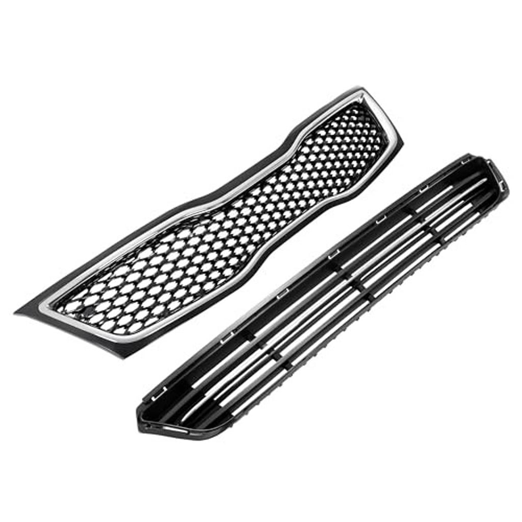 Upper mesh grille and lower slat grille, black with chrome border and perforated texture