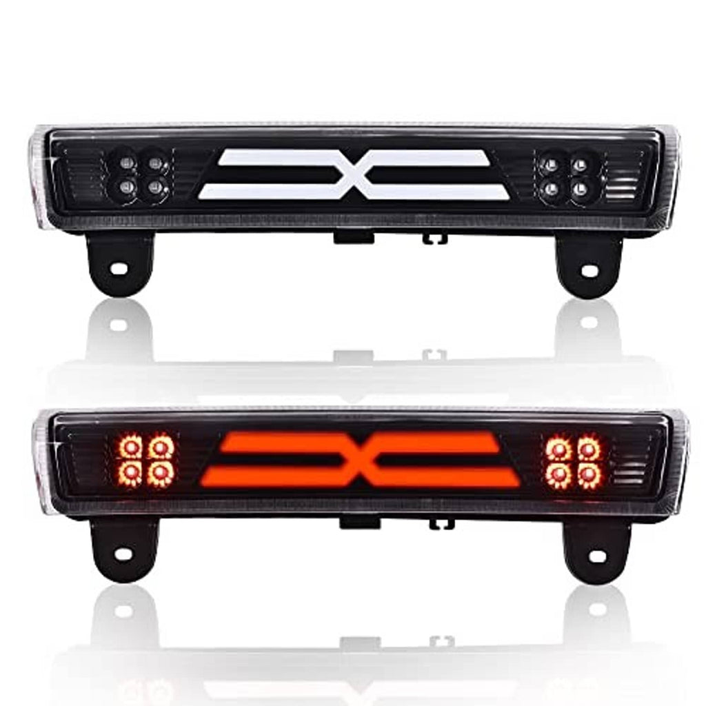 LED third brake light with clear lens, black housing, red lit X-style LED bar
