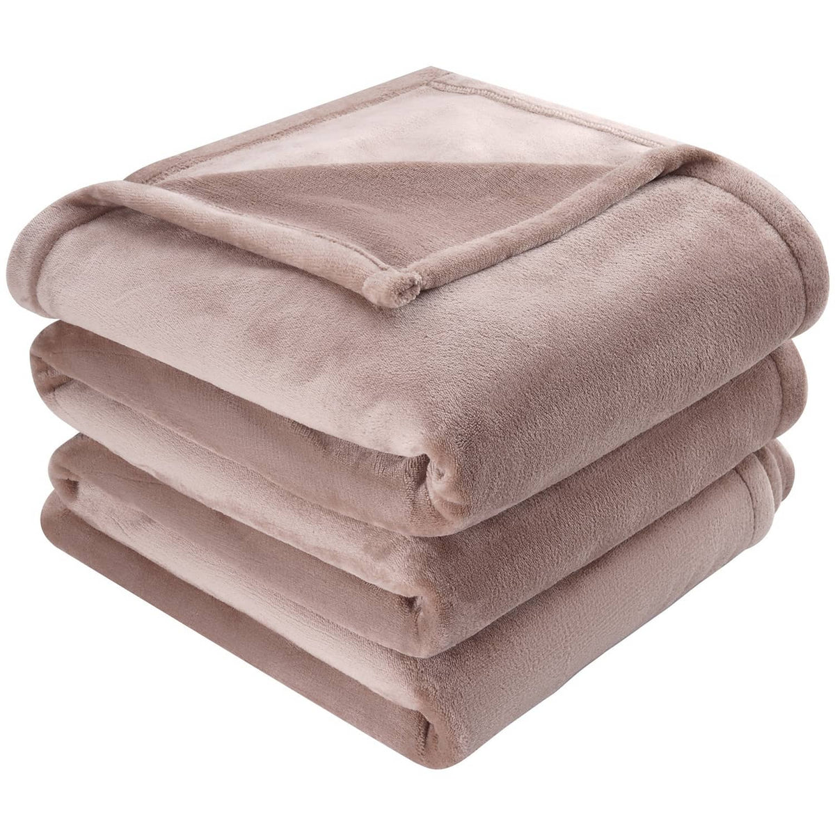 Taupe electric heated throw blanket folded with smooth, plush surface