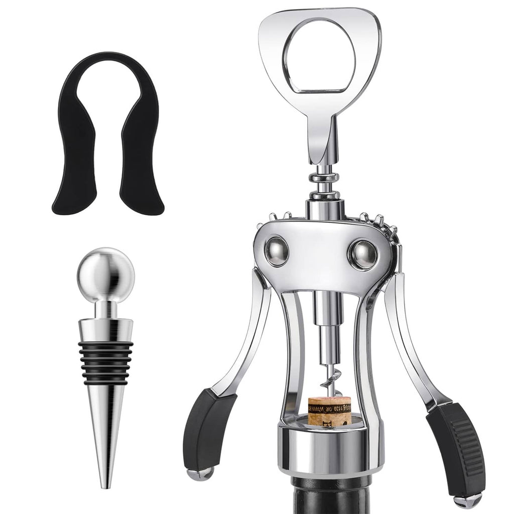 Silver wing corkscrew wine opener with black non-slip handles and spare foil piercer