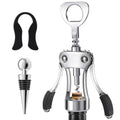 Silver wing corkscrew wine opener with black non-slip handles and spare foil piercer