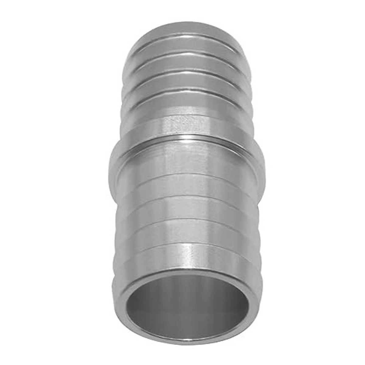 Metal 5/8 in hose barb coupler reducer with ridged body and front open port.