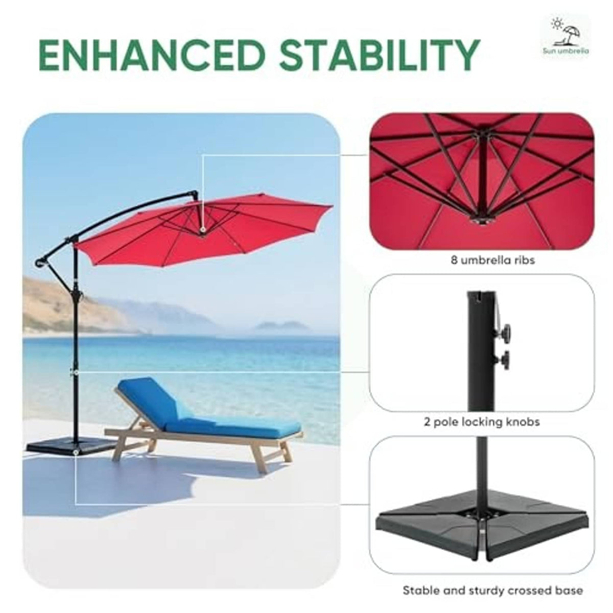 Bright red cantilever umbrella with cross base, 8 ribs, and locking knobs