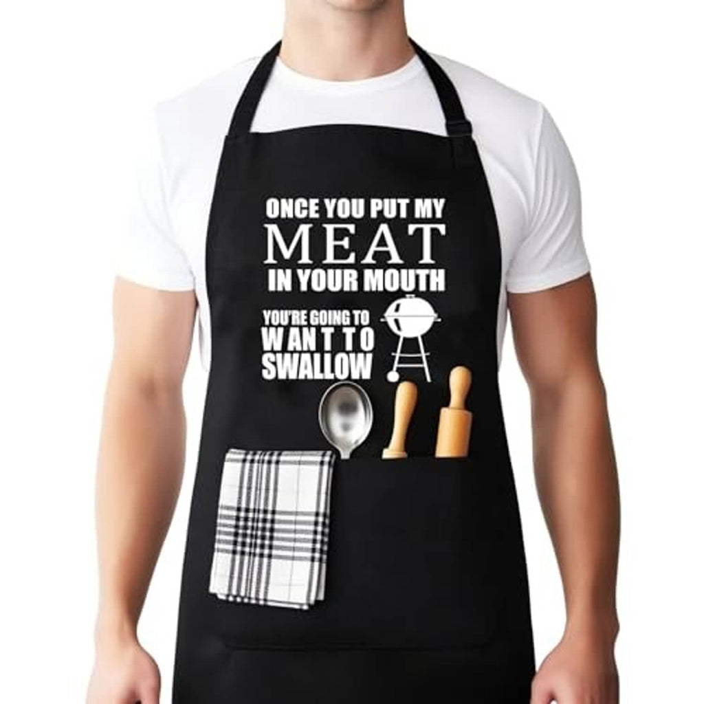 Black grilling apron, large front pocket and printed meat quote, adjustable straps