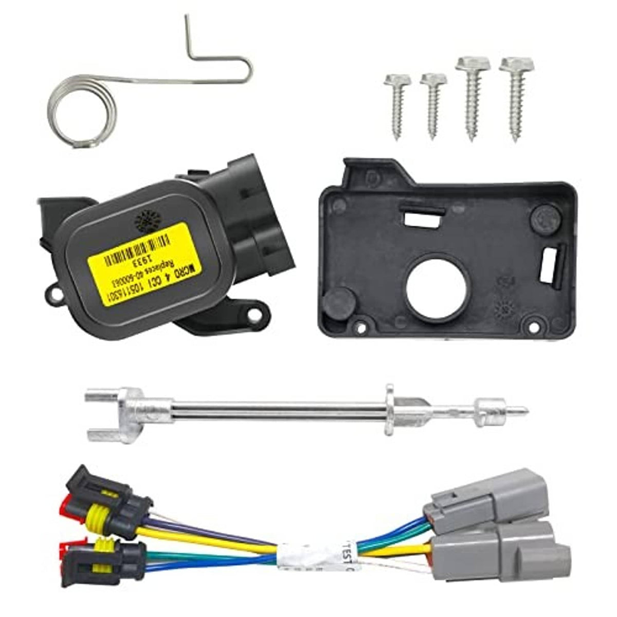 Throttle potentiometer conversion kit components: sensor, wiring plugs, mounting screws, metal rod