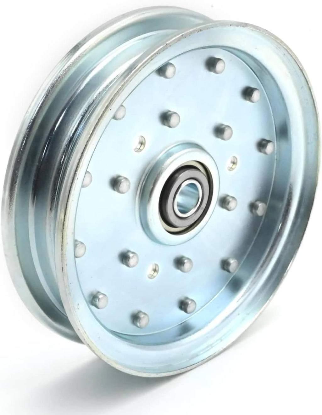 Idler pulley wheel side view with central bearing and bolt heads, silver steel rim