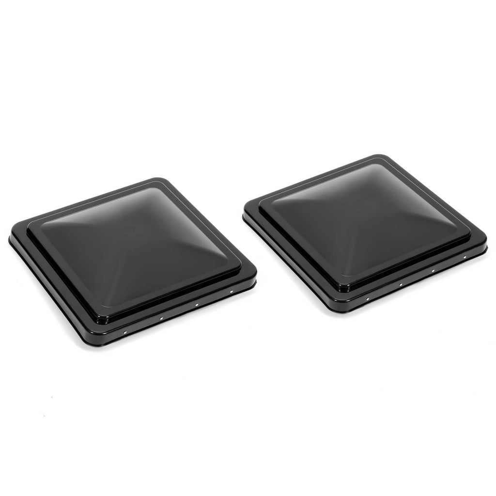 Two black RV roof vent covers with tinted lids, compact square design