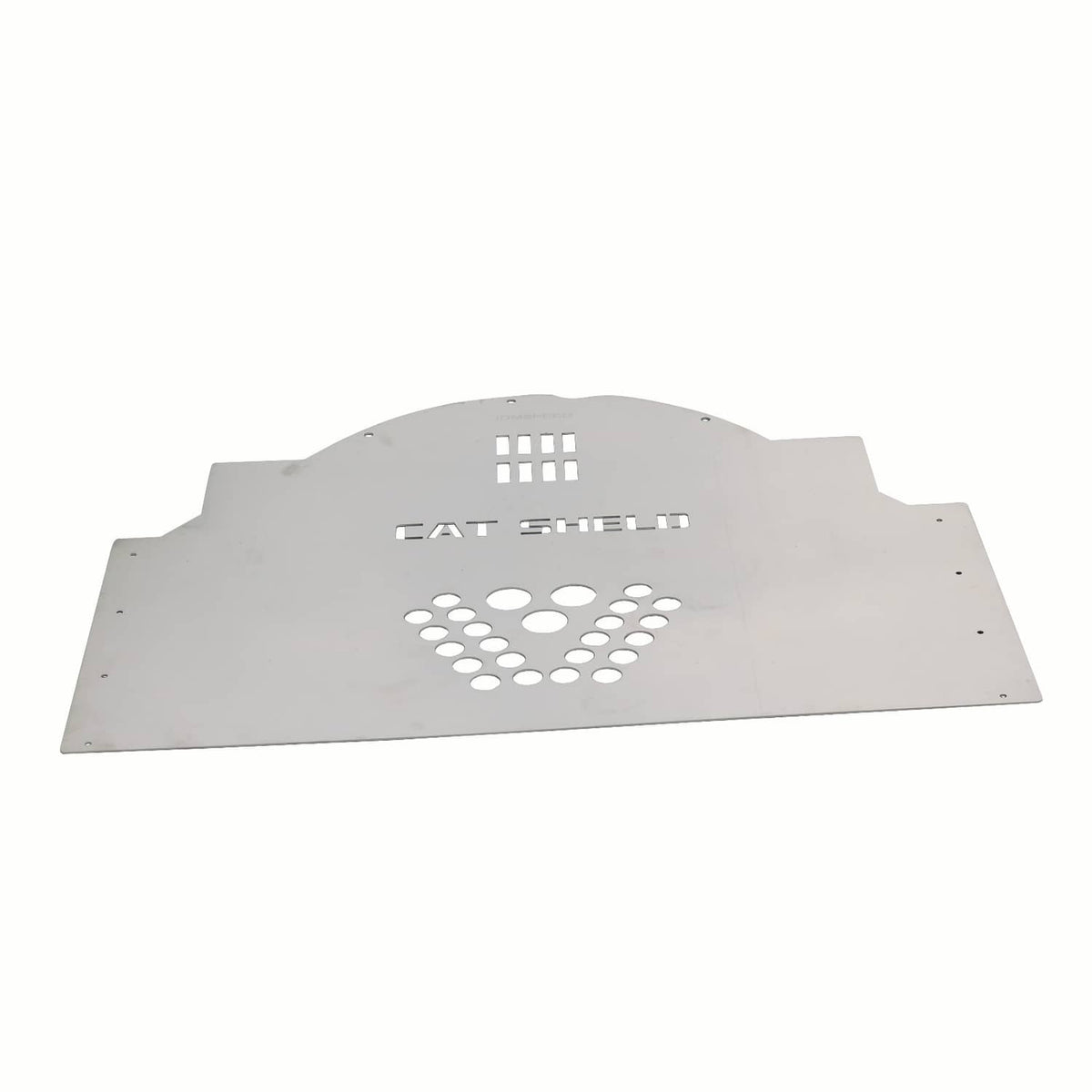Metal catalytic converter cat shield plate with perforated emblem and CAT SHELLI text