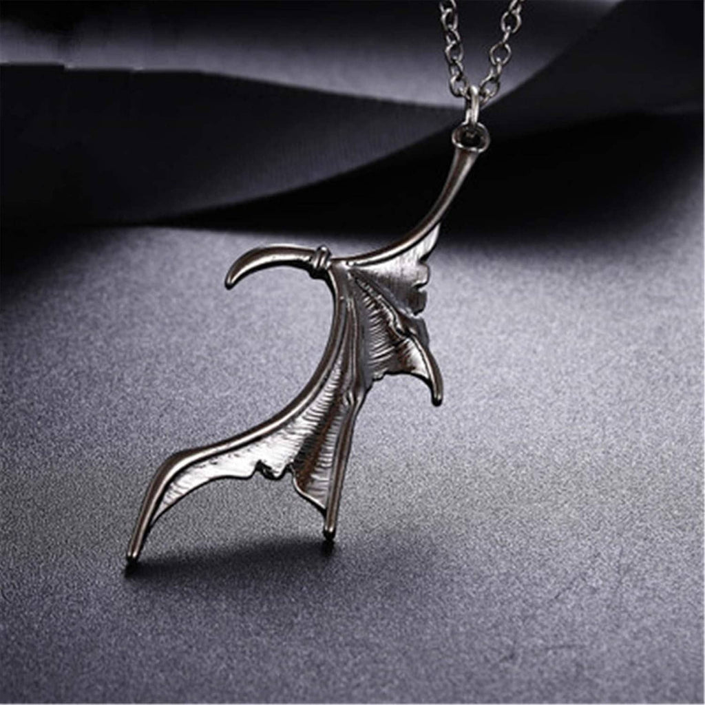 Silver bat-wing heart pendant on a chain necklace