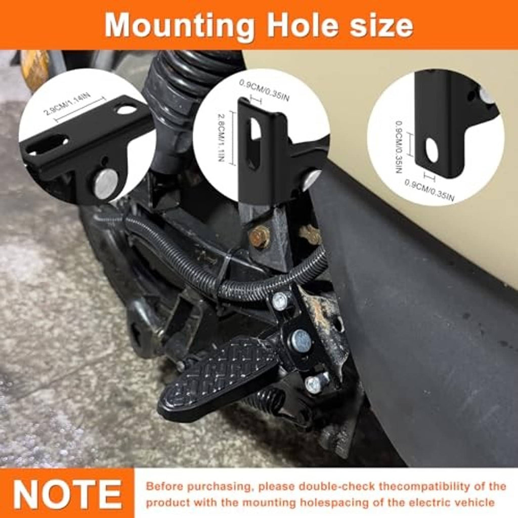 Electric scooter foot pedal with textured step and metal mounting bracket, close-up