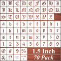 Old English letter stencil sheet with dark letters on grid board, plus numbers and symbols