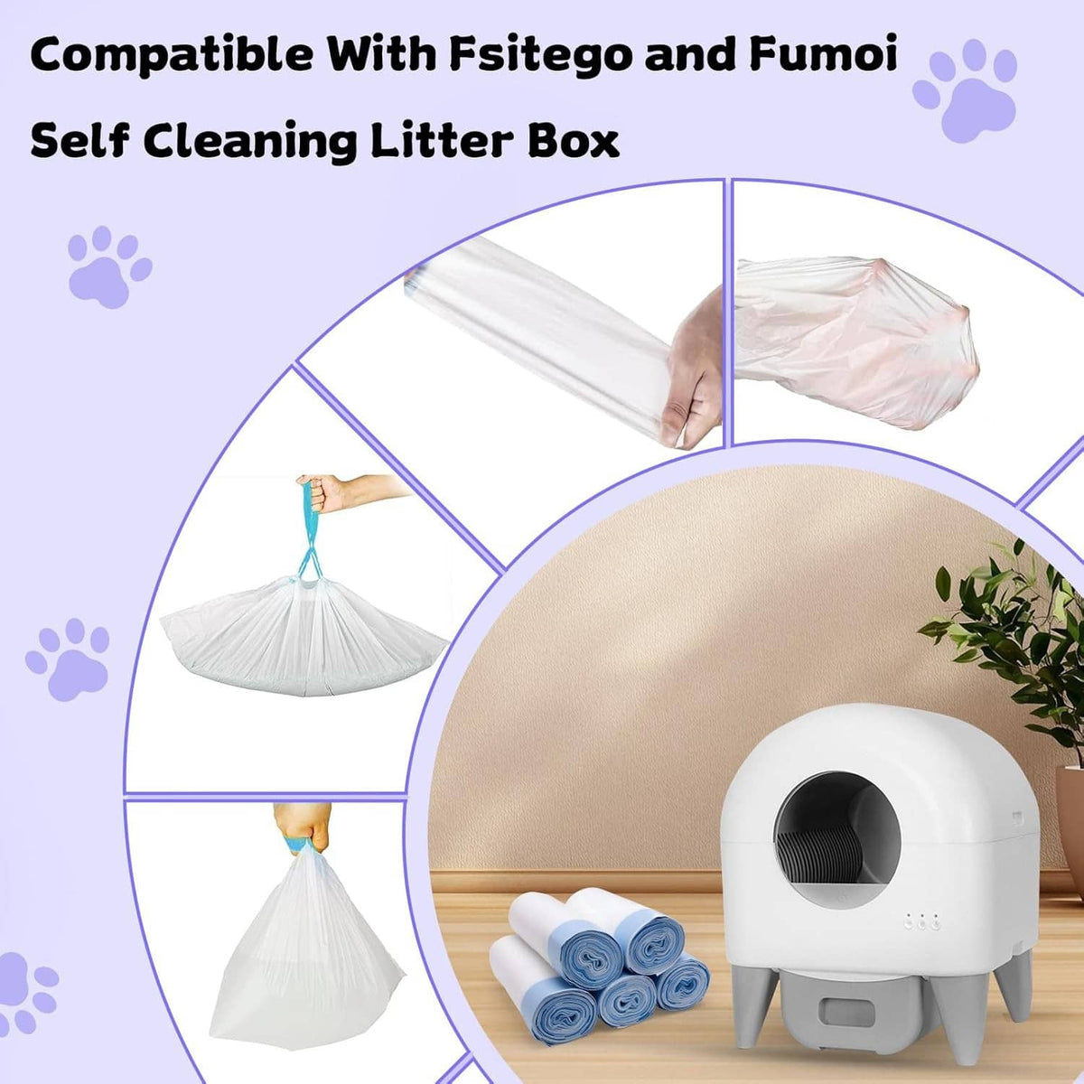 Blue cat litter box liners with matching white litter tray shown for use