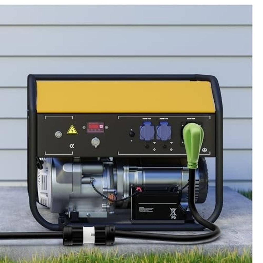 Twist-lock adapter connected to generator outlet on a black-and-yellow power unit