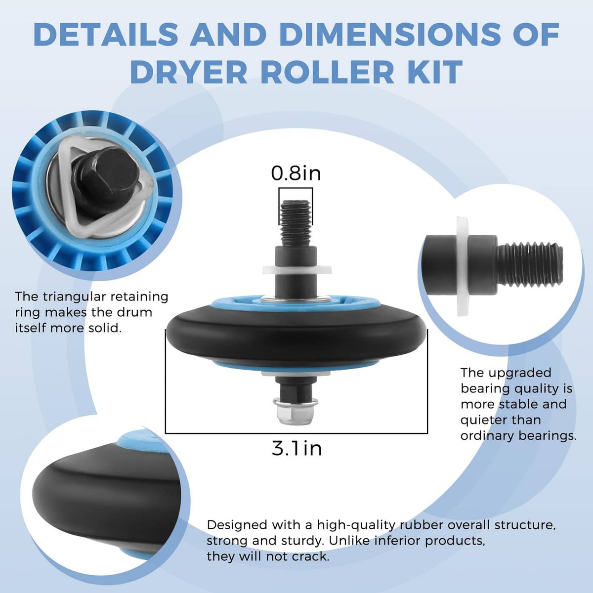 Single dryer drum roller with blue rubber ring and threaded axle bolt