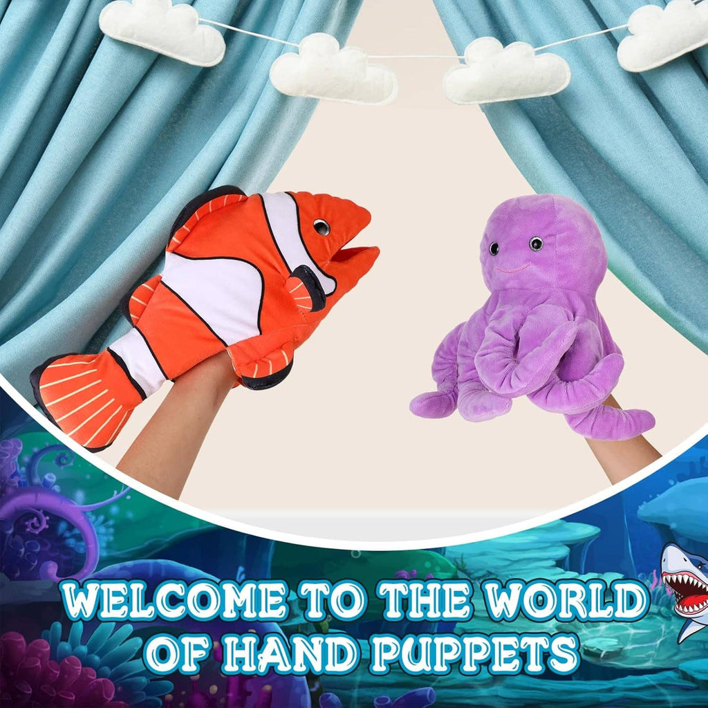 Children holding 2 animal hand puppets: orange clownfish and purple octopus